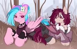 Size: 1259x802 | Tagged: safe, artist:crimmharmony, derpibooru import, oc, oc only, oc:crimm harmony, bat pony, pegasus, choker, clothes, eye clipping through hair, flower, flower in hair, forest, jacket, lidded eyes, lying down, prone, spiked choker