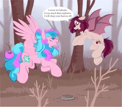 Size: 1550x1358 | Tagged: safe, artist:crimmharmony, derpibooru import, oc, oc only, oc:crimm harmony, bat pony, pegasus, pony, angry, dialogue, eye clipping through hair, eyebrows, eyebrows visible through hair, flying, forest, lidded eyes, mine, smug, spread wings, wings