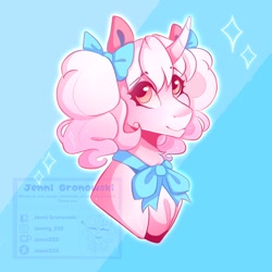 Size: 2048x2048 | Tagged: safe, artist:_candypone_, derpibooru import, oc, oc only, pony, unicorn, bow, bust, curved horn, eyebrows, eyebrows visible through hair, hair bow, horn, looking at you, smiling, solo, sparkles