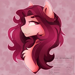 Size: 3500x3500 | Tagged: safe, artist:_candypone_, derpibooru import, oc, oc only, oc:crimm harmony, pony, bust, chest fluff, eyebrows, eyebrows visible through hair, lidded eyes, looking back, solo, sparkles