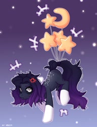 Size: 1908x2500 | Tagged: safe, artist:shelti, derpibooru import, oc, oc only, earth pony, pony, balloon, black sclera, coat markings, dappled, flying, socks (coat marking), solo