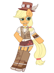 Size: 769x1040 | Tagged: safe, artist:noah-nyan, derpibooru import, applejack, anthro, earth pony, pony, female, hat, looking offscreen, mare, simple background, solo, steampunk, transparent background