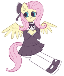 Size: 1024x1200 | Tagged: safe, artist:noah-nyan, derpibooru import, fluttershy, anthro, pegasus, pony, female, goth, gothic, lolita fashion, looking offscreen, mare, sitting, solo, spread wings, wings