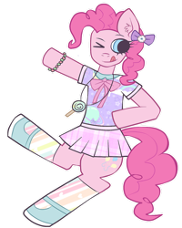 Size: 1024x1278 | Tagged: safe, artist:noah-nyan, derpibooru import, pinkie pie, anthro, earth pony, pony, candy, dancing, female, food, lollipop, looking offscrean, mare, pastel, simple background, solo, standing, standing on one leg, tongue, tongue out, transparent background