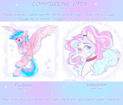 Size: 2048x1736 | Tagged: safe, artist:_candypone_, derpibooru import, oc, oc only, pegasus, pony, advertisement, choker, commission info, freckles, heart, smiling, spread wings, unshorn fetlocks, wings