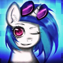 Size: 1024x1024 | Tagged: safe, artist:noah-nyan, derpibooru import, dj pon-3, vinyl scratch, pony, unicorn, female, goggles, goggles on head, looking at you, mare, one eye closed, simple background, solo, wink