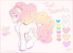 Size: 2098x1536 | Tagged: safe, artist:_candypone_, derpibooru import, oc, oc only, oc:toot sweets, earth pony, pony, chest fluff, reference sheet, solo