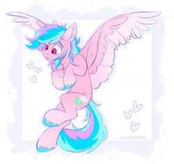 Size: 1620x1536 | Tagged: safe, artist:_candypone_, derpibooru import, oc, oc only, pegasus, pony, colored wings, colored wingtips, flying, heart, solo, spread wings, two toned wings, unshorn fetlocks, wings