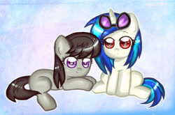 Size: 811x535 | Tagged: safe, artist:noah-nyan, derpibooru import, dj pon-3, octavia melody, vinyl scratch, earth pony, pony, unicorn, duo, female, filly, foal, goggles, goggles on head, looking at you, lying down, prone, simple background, sitting