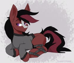 Size: 2048x1736 | Tagged: safe, artist:_candypone_, derpibooru import, oc, oc only, pony, clothes, leg brace, lidded eyes, lying down, prone, smiling, solo, sweater