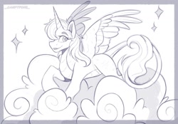 Size: 1440x1005 | Tagged: safe, artist:_candypone_, derpibooru import, oc, oc only, alicorn, dracony, dragon, hybrid, pony, cloud, smiling, spread wings, wings