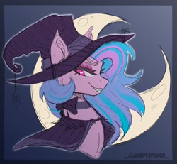 Size: 1580x1458 | Tagged: safe, artist:_candypone_, derpibooru import, oc, oc only, pony, cape, choker, clothes, crescent moon, fangs, grin, hat, looking at you, moon, sketch, smiling, solo, witch hat