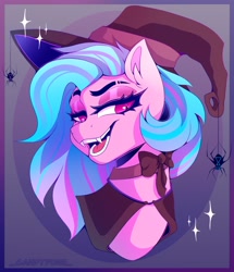 Size: 1536x1790 | Tagged: safe, artist:_candypone_, derpibooru import, oc, oc only, pony, spider, black widow, bust, cape, choker, clothes, crescent moon, fangs, grin, hat, looking at you, moon, sketch, smiling, solo, sparkles, witch hat