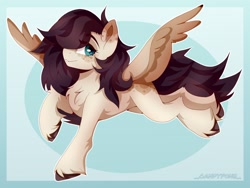 Size: 2048x1536 | Tagged: safe, artist:_candypone_, derpibooru import, pegasus, pony, chest fluff, coat markings, dappled, eye clipping through hair, flying, freckles, lidded eyes, looking at you, solo, spread wings, unshorn fetlocks, wings