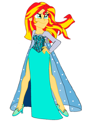 Size: 1024x1389 | Tagged: safe, artist:renthegodofhumor, derpibooru import, sunset shimmer, equestria girls, clothes, cosplay, costume, elsa, frozen (movie), simple background