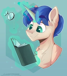 Size: 1536x1737 | Tagged: safe, artist:_candypone_, derpibooru import, oc, oc only, pony, unicorn, book, eyebrows, eyebrows visible through hair, glasses, levitation, magic, smiling, solo, telekinesis