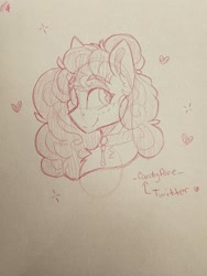 Size: 1536x2048 | Tagged: safe, artist:_candypone_, derpibooru import, pony, blushing, bust, chest fluff, choker, eyebrows, eyebrows visible through hair, heart, sketch, smiling, solo, sparkles, traditional art