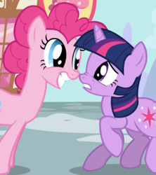 Size: 1078x1212 | Tagged: safe, derpibooru import, screencap, pinkie pie, twilight sparkle, unicorn twilight, earth pony, pony, unicorn, season 1, the ticket master, cropped, duo, duo female, eye contact, female, grin, looking at each other, looking at someone, looking at you, mare, nose to nose, nose wrinkle, raised hoof, raised leg, smiling, worried