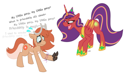 Size: 1882x1128 | Tagged: safe, artist:vanillayote, derpibooru import, oc, oc only, oc:princess hotcakes, oc:radiant hotcakes, alicorn, deer, deer pony, original species, pony, alicorn oc, duo, furry to pony, horn, jewelry, magic, male and female, ponified, regalia, simple background, singing, smug, species swap, speech bubble, transformation, white background, wings