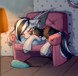 Size: 1500x1464 | Tagged: safe, artist:kaito_wivil, derpibooru import, oc, oc only, bat pony, pony, living room, sleeping, sofa, solo