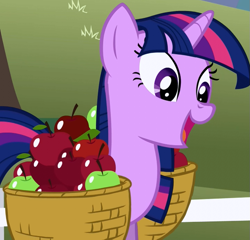 Size: 719x689 | Tagged: safe, derpibooru import, screencap, twilight sparkle, pony, unicorn, season 1, the ticket master, apple, apple basket, basket, cropped, cute, female, food, happy, mare, open mouth, open smile, smiling, twiabetes