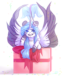 Size: 3198x3800 | Tagged: safe, artist:dreamyrat, derpibooru import, oc, oc only, alicorn, pony, alicorn oc, animated, blue eyes, blue mane, bow, colored wings, commission, confetti, female, gif, horn, looking at you, mare, multiple tails, open mouth, open smile, pink tail, present, ribbon, simple background, smiling, tail, two tails, two toned tail, two toned wings, white background, wings