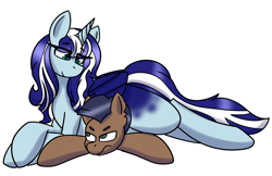 Size: 3936x2552 | Tagged: artist needed, safe, derpibooru import, oc, oc:distant echo, oc:icestorm, alicorn, alicorn oc, blue coat, blue eyes, blue mane, brown coat, glare, green eyes, horn, looking at each other, looking at someone, lying down, multicolored mane, multicolored tail, prone, sassy, simple background, sitting on person, sitting on pony, tail, transparent background, wings