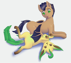 Size: 2521x2222 | Tagged: artist needed, safe, derpibooru import, oc, oc:distant echo, bat pony, pony, bellyrubs, leafeon, looking at you, lying down, on back, pokémon, simple background, white background, wing hands, wings