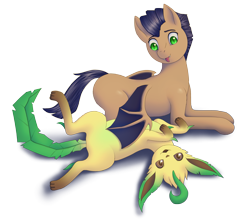 Size: 2521x2222 | Tagged: artist needed, safe, derpibooru import, oc, oc:distant echo, bat pony, pony, bellyrubs, leafeon, looking at you, lying down, on back, pokémon, simple background, transparent background, wing hands, wings