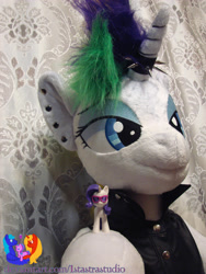 Size: 2304x3072 | Tagged: safe, artist:1stastrastudio, derpibooru import, rarity, unicorn, alternate hairstyle, bipedal, clothes, commission, ear piercing, earring, female, horn, irl, jewelry, mare, photo, piercing, plushie, punk, raripunk, solo, vest