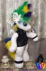Size: 2011x3072 | Tagged: safe, artist:1stastrastudio, derpibooru import, rarity, unicorn, alternate hairstyle, bipedal, clothes, commission, ear piercing, earring, female, horn, irl, jewelry, mare, photo, piercing, plushie, punk, raripunk, solo, vest