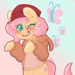 Size: 2500x2500 | Tagged: safe, artist:lynuscattips, derpibooru import, fluttershy, butterfly, blushing, clothes, female, hat, high res, looking at you, one eye closed, signature, wink, winking at you