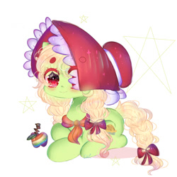 Size: 1024x1024 | Tagged: safe, artist:magicangelstarartist, derpibooru import, granny smith, earth pony, pony, apple, bonnet, clothes, female, food, mare, ribbon, scarf, simple background, smiling, solo, young granny smith, younger, zap apple