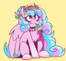 Size: 1640x1521 | Tagged: safe, artist:lrusu, derpibooru import, oc, oc only, pegasus, pony, blushing, chest fluff, eyebrows, eyebrows visible through hair, floral head wreath, flower, mouth hold, sitting, solo