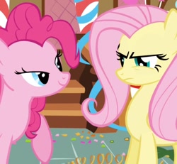 Size: 914x845 | Tagged: safe, derpibooru import, screencap, fluttershy, pinkie pie, earth pony, pegasus, pony, griffon the brush off, season 1, angry, cropped, duo, duo female, female, fluttershy is not amused, frown, lidded eyes, mare, out of context, smiling, unamused