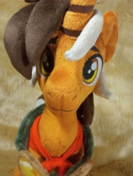 Size: 3072x4096 | Tagged: safe, artist:doctorkoda, derpibooru import, oc, oc only, pony, unicorn, clothes, commission, goggles, horn, irl, male, photo, plushie, scarf, smiling, solo, stallion, standing