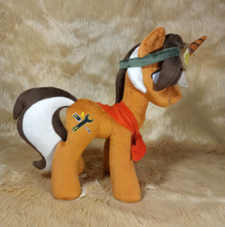 Size: 3120x3148 | Tagged: safe, artist:doctorkoda, derpibooru import, oc, oc only, pony, unicorn, clothes, commission, goggles, horn, irl, male, photo, plushie, scarf, smiling, solo, stallion, standing