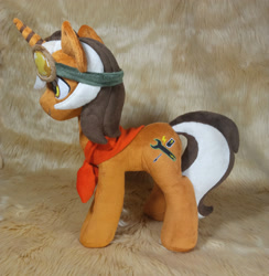 Size: 3120x3196 | Tagged: safe, artist:doctorkoda, derpibooru import, oc, oc only, pony, unicorn, clothes, commission, goggles, horn, irl, male, photo, plushie, scarf, smiling, solo, stallion, standing