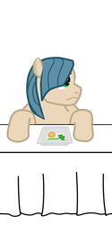 Size: 1500x3000 | Tagged: safe, artist:jimthecactus, derpibooru import, oc, oc only, earth pony, pony, food, frown, looking sideways, male, ponysona, simple background, solo, stallion, table, transparent background