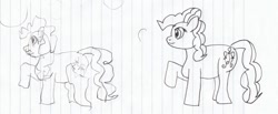 Size: 1000x410 | Tagged: safe, artist:jimthecactus, derpibooru import, pinkie pie, earth pony, pony, female, grayscale, mare, monochrome, pencil drawing, raised hoof, raised leg, sketch, solo, traditional art