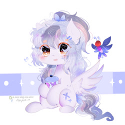 Size: 1024x1024 | Tagged: safe, artist:magicangelstarartist, derpibooru import, oc, oc only, oc:butterfly layla, pegasus, pony, female, flower, flower in hair, mare, simple background, sitting, solo, spread wings, wings