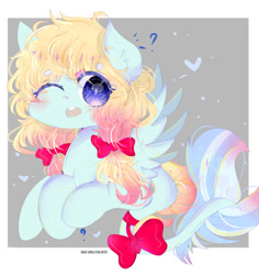 Size: 1024x1084 | Tagged: safe, artist:magicangelstarartist, derpibooru import, oc, oc only, oc:stefilia, pegasus, bow, looking at you, one eye closed, shocked, simple background, solo, spread wings, wings, wink