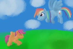 Size: 3000x2000 | Tagged: safe, artist:jimthecactus, derpibooru import, rainbow dash, scootaloo, pegasus, pony, duo, eyes closed, female, filly, flying lesson, foal, high res, mare