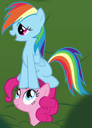 Size: 682x953 | Tagged: safe, derpibooru import, screencap, pinkie pie, rainbow dash, earth pony, pegasus, pony, griffon the brush off, season 1, cropped, duo, duo female, female, mare, oblivious, ponies riding ponies, pony hat, rainbow dash riding pinkie pie, riding, sitting, sitting on person, sitting on pony