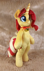 Size: 2424x3886 | Tagged: safe, artist:doctorkoda, derpibooru import, sunset shimmer, pony, unicorn, bell, bipedal, collar, commission, female, happy, horn, irl, mare, photo, plushie, smiling, solo, standing