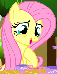 Size: 623x805 | Tagged: safe, derpibooru import, screencap, fluttershy, pegasus, pony, season 1, stare master, cropped, cup, cute, female, fluttershy's cottage, food, hnnng, hoof on chest, mare, open mouth, raised hoof, raised leg, shyabetes, sitting, smiling, talking, tea, tea party, teacup