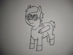 Size: 4160x3120 | Tagged: safe, artist:valuable ashes, derpibooru import, oc, earth pony, pony, clothes, goggles, male, monochrome, oxygen tank, pants, shirt, solo, three quarter view, traditional art, unnamed oc