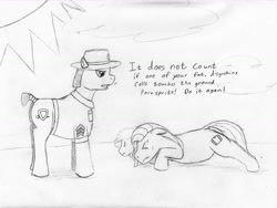 Size: 1698x1276 | Tagged: safe, artist:jimthecactus, derpibooru import, oc, oc only, earth pony, pony, dialogue, drill sergeant, ears, eyes closed, floppy ears, grayscale, hat, male, monochrome, pencil drawing, ponysona, push-ups, stallion, traditional art