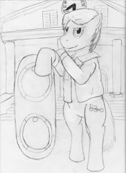 Size: 1276x1748 | Tagged: safe, artist:jimthecactus, derpibooru import, earth pony, pony, back to the future, bipedal, bipedal leaning, grayscale, hoverboard, leaning, looking at you, marty mcfly, monochrome, pencil drawing, ponified, smiling, smiling at you, smirk, solo, species swap, traditional art