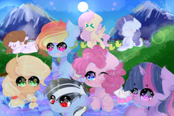 Size: 600x400 | Tagged: safe, artist:magicangelstarartist, derpibooru import, applejack, fluttershy, pinkie pie, rainbow dash, rarity, twilight sparkle, oc, earth pony, pegasus, pony, unicorn, female, many many pony, mare, meme, moon, mountain, mountain range, one eye closed, sleeping, wink